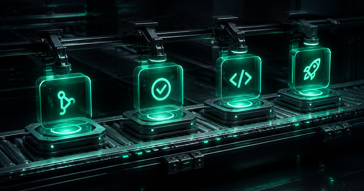 A CI/CD pipeline of commit, test, review, and deploy stations
