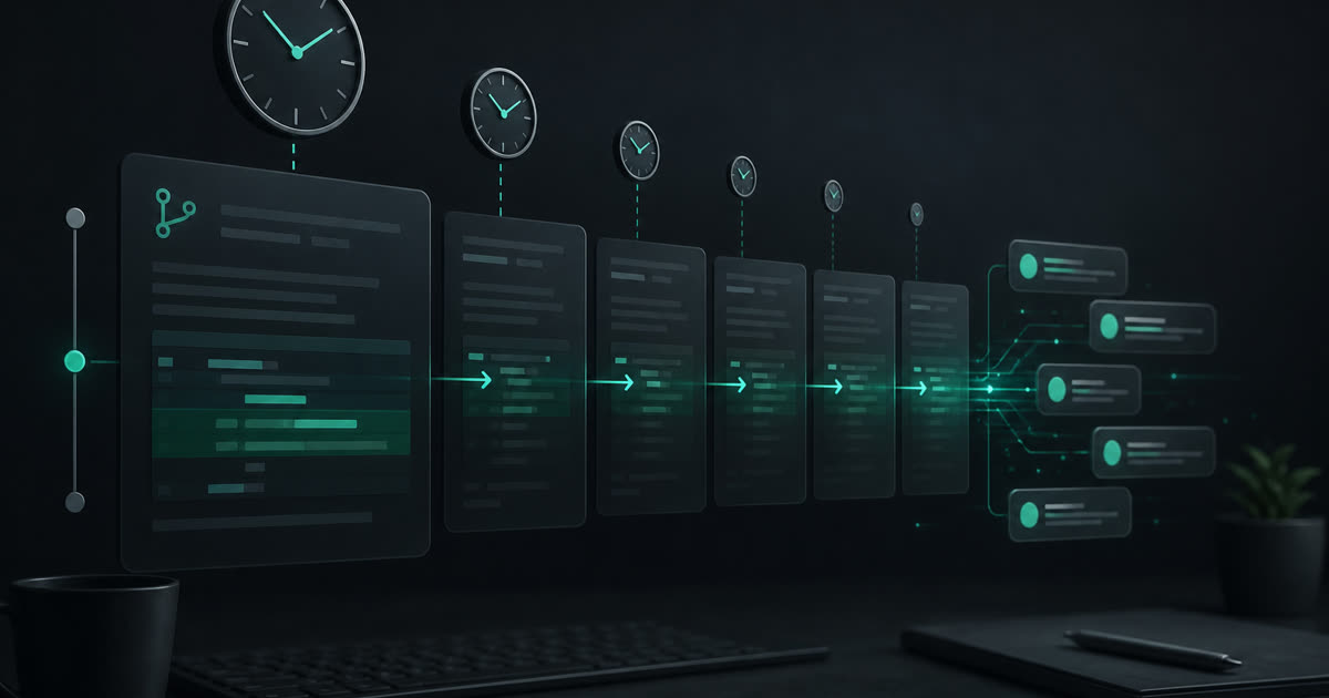 A pull request timeline shrinking as automated review lands instantly